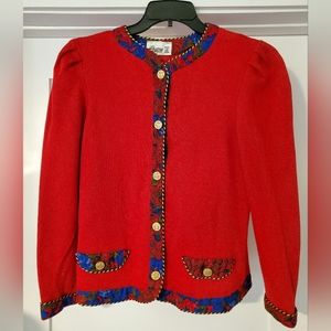ACT I New York Womens Grandmacore Cardigan Size S/M Red 90s VINTAGE